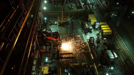 Aerial View of Industrial Factory Floor Showcasing Metal Cutting Process with Sparks Flying in a Dimly Lit Environment