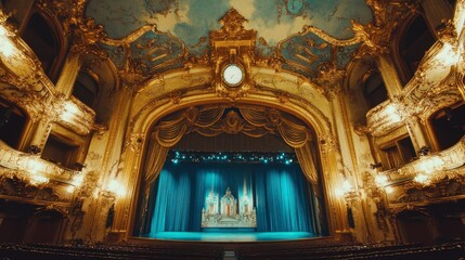 Obraz premium Majestic Theater Interior with Opulent Decor, Dramatic Stage Lighting, and Richly Detailed Architectural Features for a Captivating Performing Arts Experience
