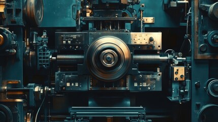 Fototapeta premium Intricate Industrial Machine with Metallic Components and Control Panels Showcasing Precision Engineering in a Dimly Lit Workshop Environment