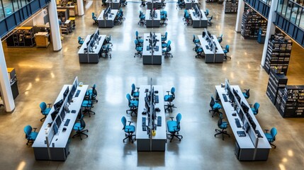 Obraz premium Spacious and Modern Office Workspace with Blue Ergonomic Chairs, Desks, and Computer Workstations in a Brightly Lit Environment