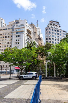 S&Atilde;O PAULO, SP, BRAZIL - OCTOBER 13, 2024: Pateo do Collegio square in the historic city center, with the famous Impost&ocirc;metro panel that indicates how much Brazilians pay in tax per year.