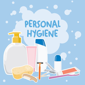 Vector illustration of bathroom accessories and personal hygiene care items