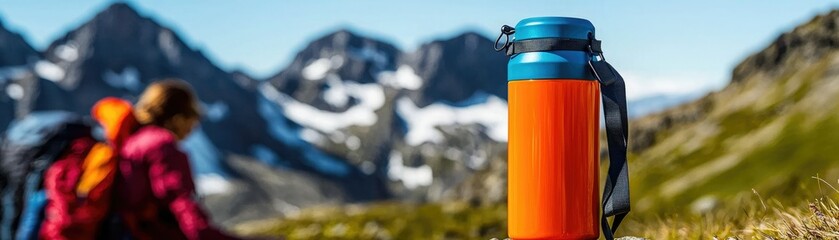A vibrant orange water bottle sits on a grassy landscape, with a mountainous backdrop and a hiker in a pink jacket in the distance.