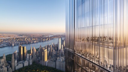 Fototapeta premium Breathtaking Aerial View of Modern City Skyline with Glass Architecture and River During Golden Hour at Dusk