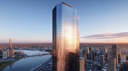 Fototapeta premium Aerial View of a Modern Skyscraper Reflecting Sunset Over Cityscape with River and Bridges in Background, Showcasing Urban Architecture and Landscape Design