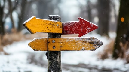 Colorful directional signpost covered in snow along a winter pathway in the forest.