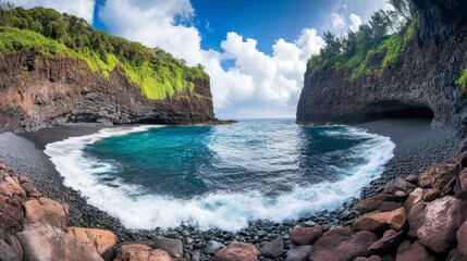 Obraz premium Breathtaking Coastal Landscape Featuring Turquoise Waters, Rocky Shoreline, Lush Green Cliffs, and Dramatic Skies in a Remote Tropical Paradise