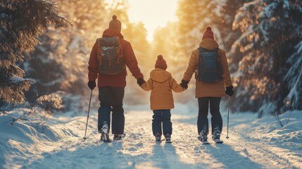 Family enjoying skiing outdoors walking holiday