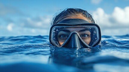 Portrait of a Woman in diving suit and wearing diving gear is swimming in the open ocean