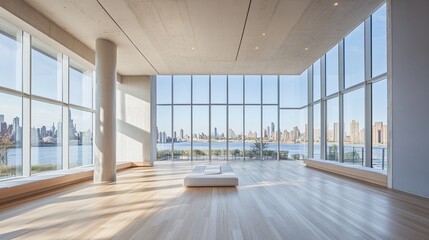Fototapeta premium Clean, modern yoga studio with floor-to-ceiling windows
