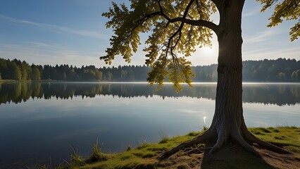 Germany, Bavaria, Tree standing against Grosser?Ostersee?lake Generative AI