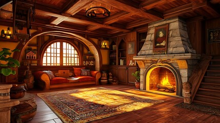 Obraz premium Medieval-style fantasy living room interior with wooden flooring next to a cozy fireplace