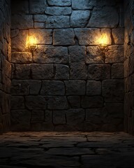 A shadowy dungeon poster design with rugged stone walls and flickering lights, perfect for fantasy-themed projects needing customizable text or images