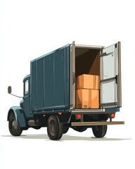 Illustration of an open-back delivery truck prepared for loading packages, set against a white background for logistics concepts.