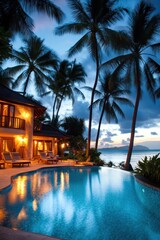 Fototapeta premium A serene evening at a luxurious poolside villa surrounded by palm trees in a tropical paradise
