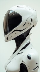 A meticulously designed space helmet with a glossy visor rests against a pristine white backdrop, highlighting its intricate features and modern allure.