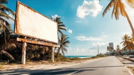 Empty beachfront billboard by a sunny coastal road with palm trees.