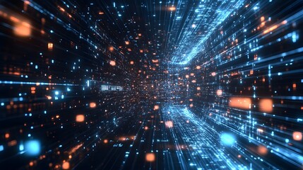 Naklejka premium A computer generated image of a futuristic space with a blue and orange background. The image is full of bright, colorful lights and has a futuristic, sci-fi feel to it