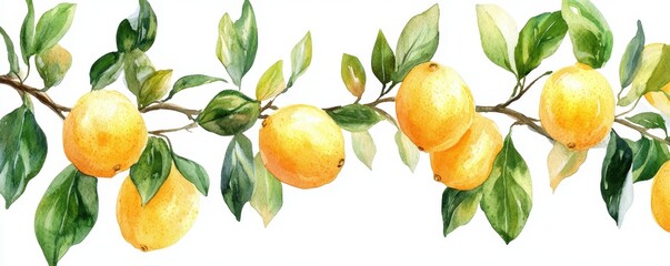 Obraz premium Watercolor Lemon tree branches seamless border,lemon set On a white background,Summer citrus fruit,Juicy colors,Hand drawn lemon set,Botanical illustration collection,Whole lemons,banner menu drink.