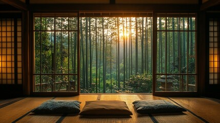 Serene sunrise view from Japanese-style room.