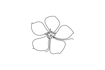 Single continuous line drawing of beauty fresh periwinkle for garden logo. Printable decorative catharanthus flower concept for home wall decor poster. One line draw graphic design vector illustration