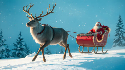 Santa claus riding sleigh with reindeer in winter wonderland snowy landscape festive scene magical atmosphere