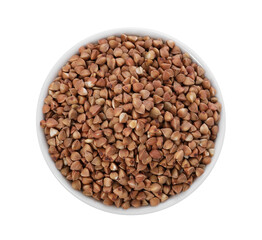 Raw buckwheat in bowl isolated on white, top view