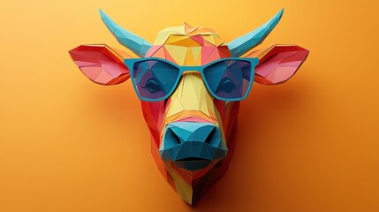Colorful paper craft cow head with stylish glasses. Generative AI image