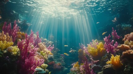 Fototapeta premium Vibrant Coral Reef Underwater Scene with Sunlight Streaming Through Water, Showcasing Diverse Marine Life in Clear Blue Ocean Environment