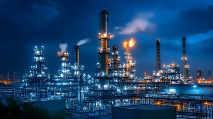 Obraz premium A large industrial area with many tall buildings and a lot of smoke. The sky is dark and cloudy