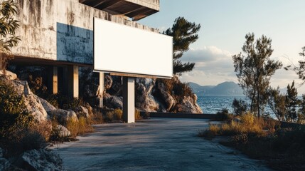 Empty billboard by ocean with rocky coast and scenic view at sunset.