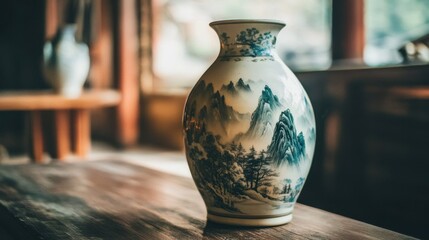 Elegant ceramic vase with mountain landscape design placed on wooden table in a cozy interior setting with soft natural light filtering through windows