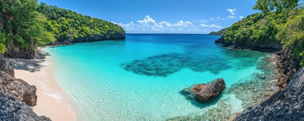 Fototapeta premium tropical island, crystal clear turquoise water, sandy beach, lush green vegetation, bright blue sky, serene and tranquil, vibrant colors, panoramic view, idyllic paradise, nature photography