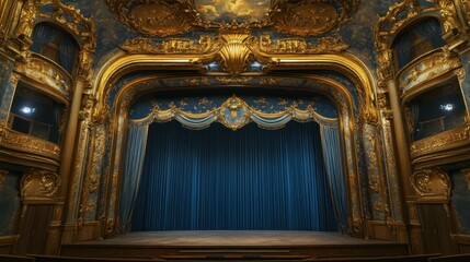 Fototapeta premium Elegant and Opulent Theater Stage with Golden Accents and Luxurious Blue Velvet Drapes Ready for a Spectacular Performance in a Historic Venue
