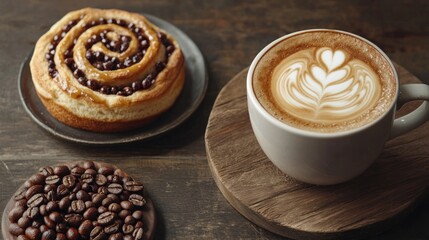 A cozy coffee setting featuring a latte art cup, a cinnamon roll topped with coffee beans, and a pile of roasted coffee beans.