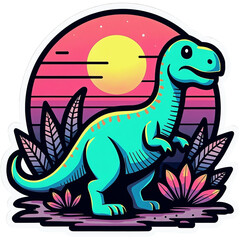 Obraz premium Cartoon dinosaur is standing in a field with a sunset in the background