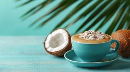 A vibrant teal scene featuring a coffee cup topped with whipped cream beside a halved coconut, evoking a tropical, refreshing vibe.