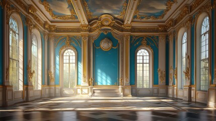 Fototapeta premium Elegant Grand Hall with Golden Accents and Bright Blue Walls Illuminated by Natural Light Streaming Through Large Windows
