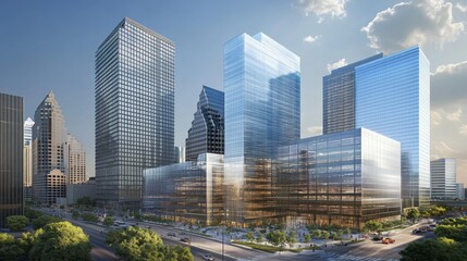 Modern Urban Cityscape Featuring Sleek Glass Buildings and Dynamic Architecture Under a Clear Blue Sky with Fluffy Clouds in a Bustling Metropolitan Area