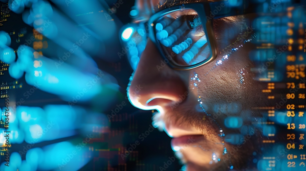 Poster close-up of a focused programmer immersed in digital data streams. a cyberpunk aesthetic highlights 