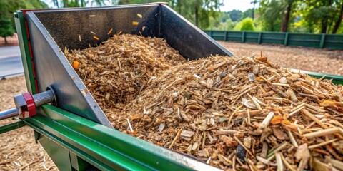Close-up of mulch being produced from tree branches in a shredder container , Mulch, branches, pruning, garden, trees