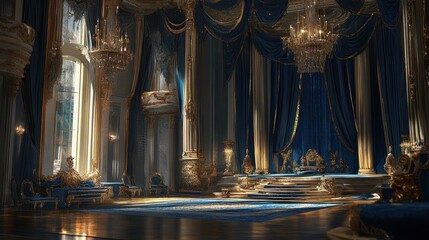 Obraz premium Luxurious Interior of an Elegant Royal Room with Opulent Decor, Rich Fabrics, Golden Accents, and Dramatic Lighting Creating a Regal Atmosphere