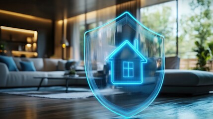 Smart home security system concept, holographic shield protecting house in modern living room.