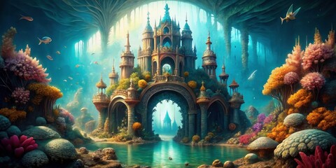Obraz premium Majestic underwater castle with intricate arches made of various sea treasures , underwater, castle, majestic