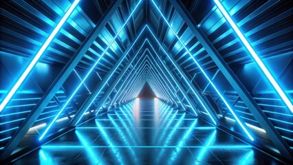 Fototapeta premium Futuristic rendering of a neon-lit tunnel with blue triangle shapes , Animation, music video