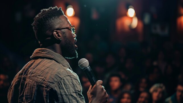 A Black man performing spoken word poetry on stage, captivating the audience