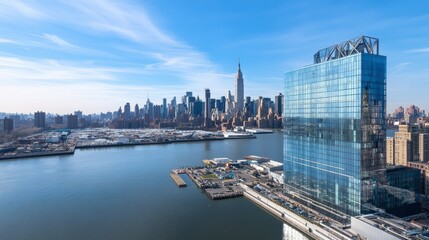 Obraz premium Stunning Aerial View of Modern Glass Building Overlooking City Skyline and Waterfront, Capturing the Essence of Urban Architecture and Natural Beauty in New York City