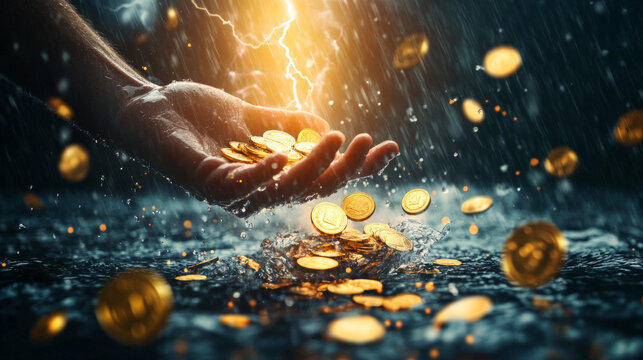 hand emerges from stormy waters, grasping golden coins as rain pours and lightning strikes, creating dramatic and surreal scene