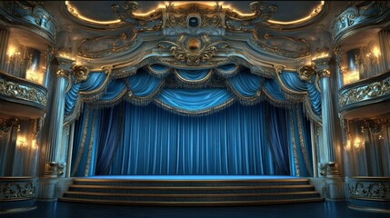 Fototapeta premium Elegant Grand Theater Stage with Rich Blue Draperies and Ornate Gold Detailing Set for Performances and Events in an Opulent Venue