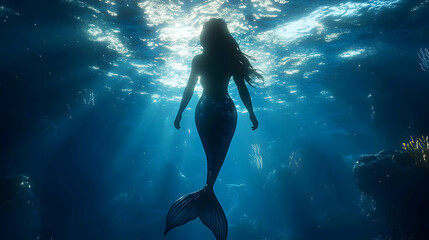 Silhouette of a Mermaid in the Deep Blue Sea - Illustration
